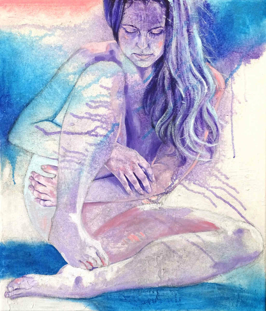 female figure sitting acrylics on canvas shades of blue purple pink