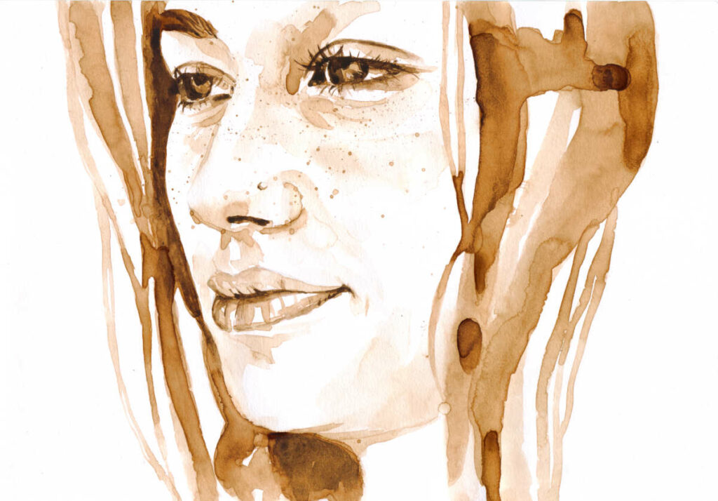 ritratto di giovane donna dipinto con il caffé e acquarelli