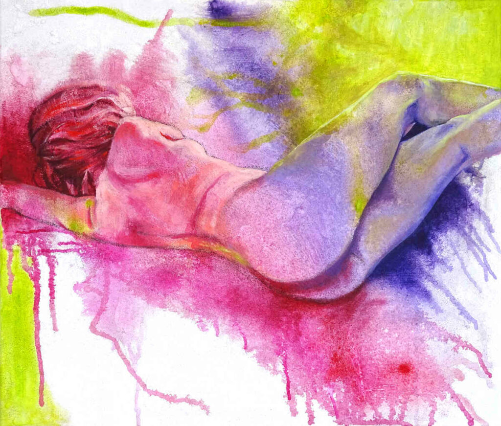 corpo di donna sdraiata acrilici su tela viola rosa verde