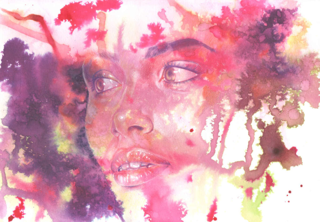 portrait de femme encres et crayons de couleur nuances rose