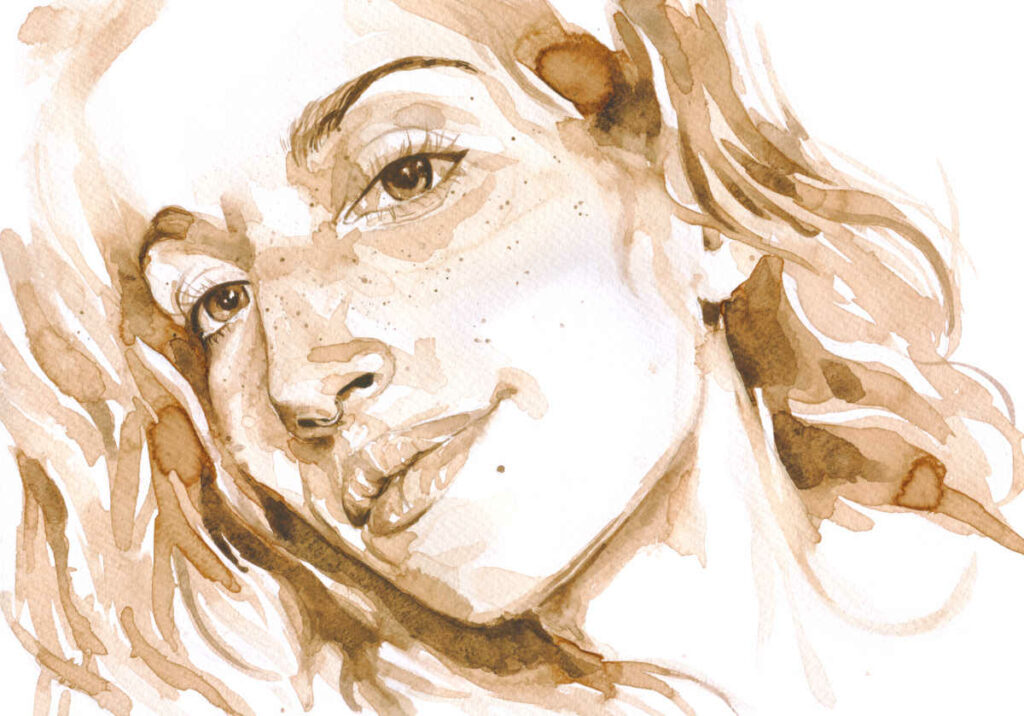 young woman portrait coffee and watercolors painting