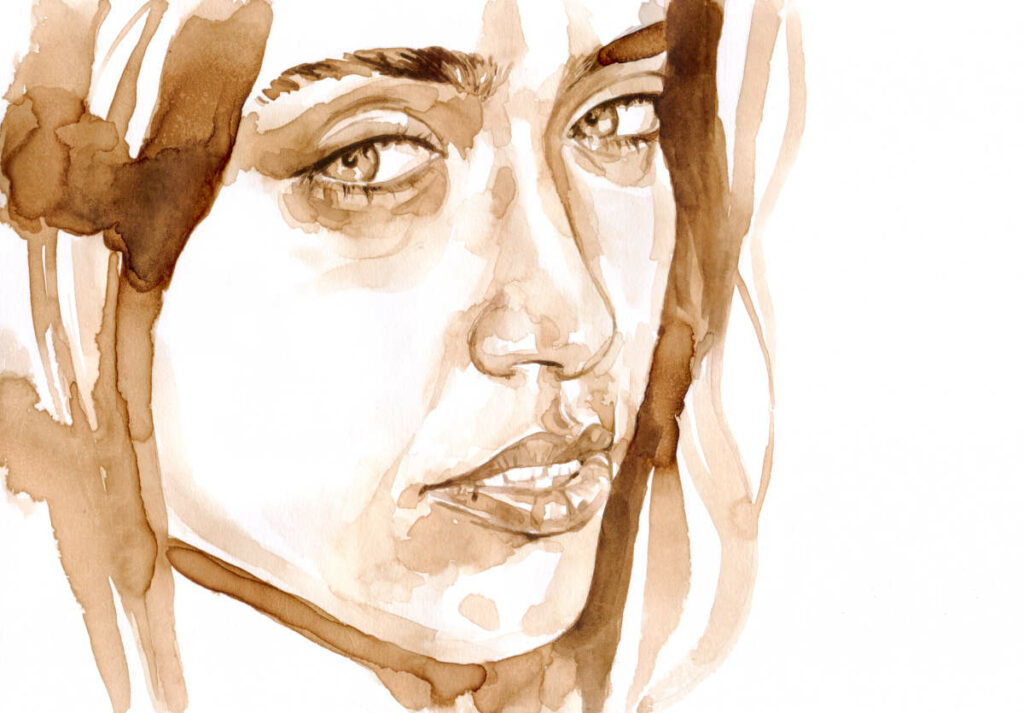 coffee and watercolors painting of a young lady face