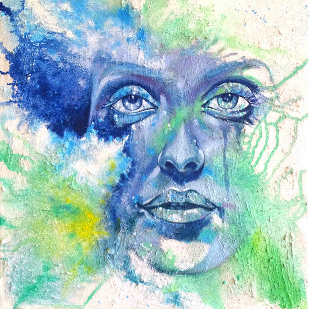 woman portrait acrylics on canvas shades of blue turquoise green