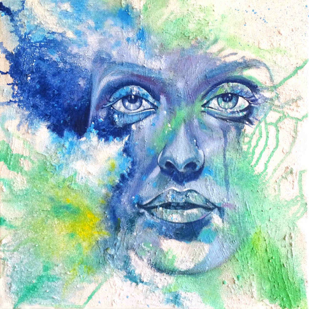 portrait de femme acryliques sur toile nuances bleu turquoise vert