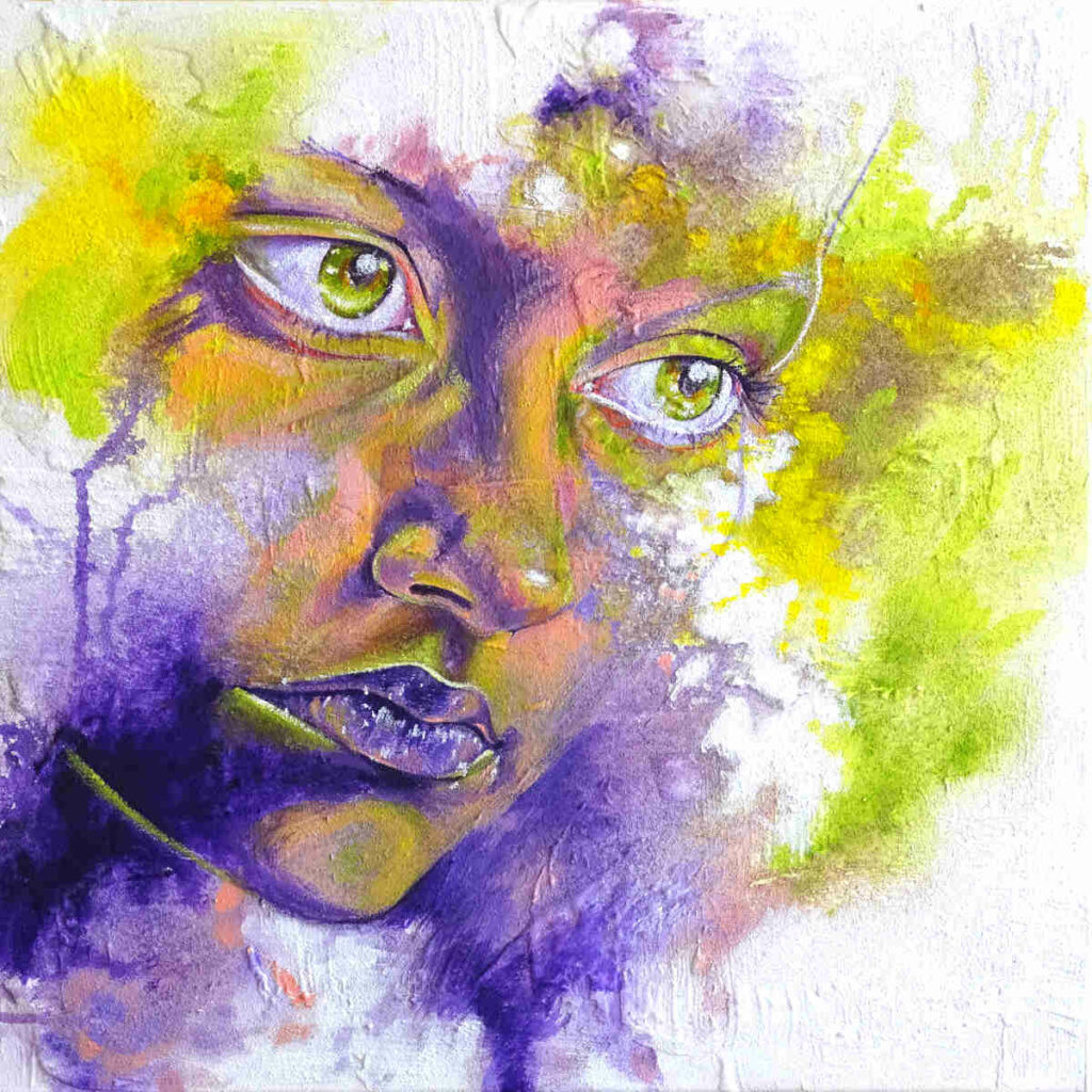 young woman portrait acrylics on canvas purple yellow pink
