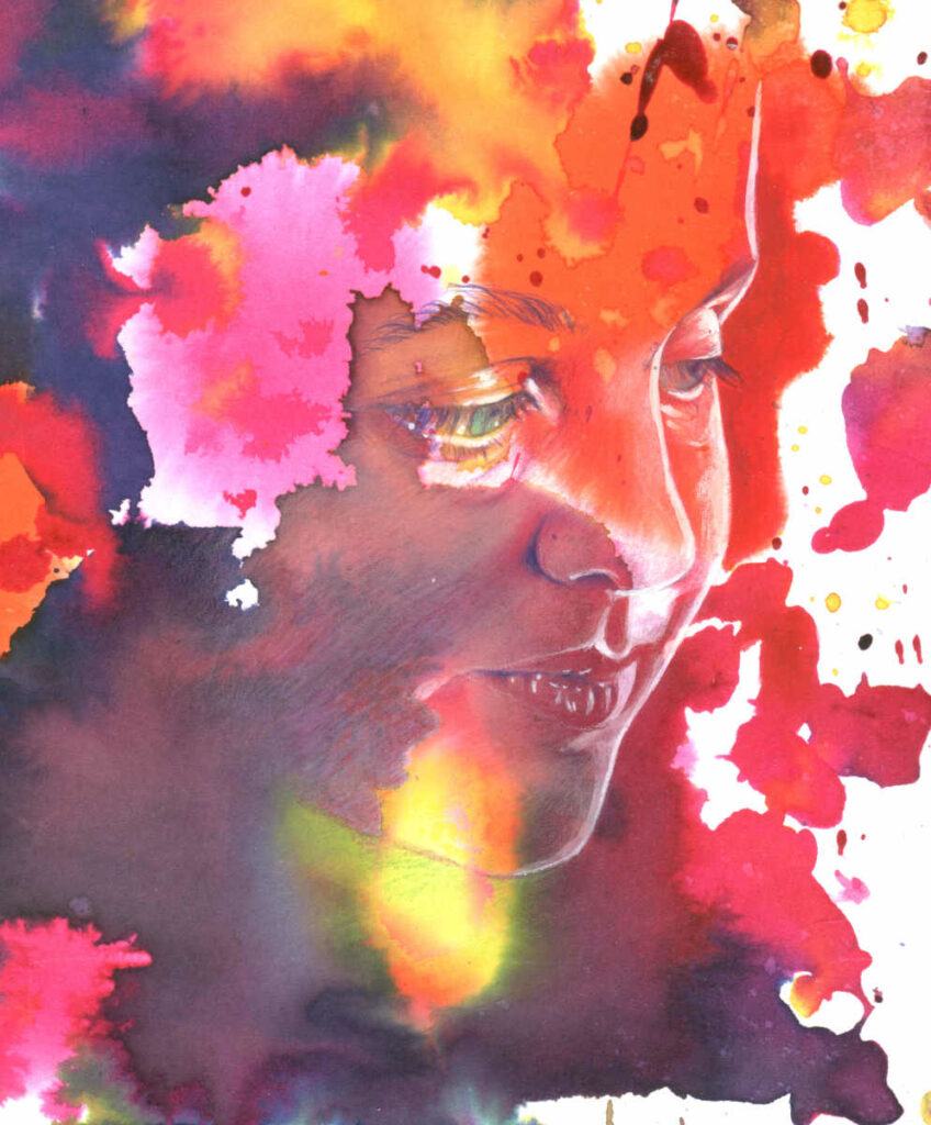 ritratto di donna inchiostri e matite colorate viola rosso