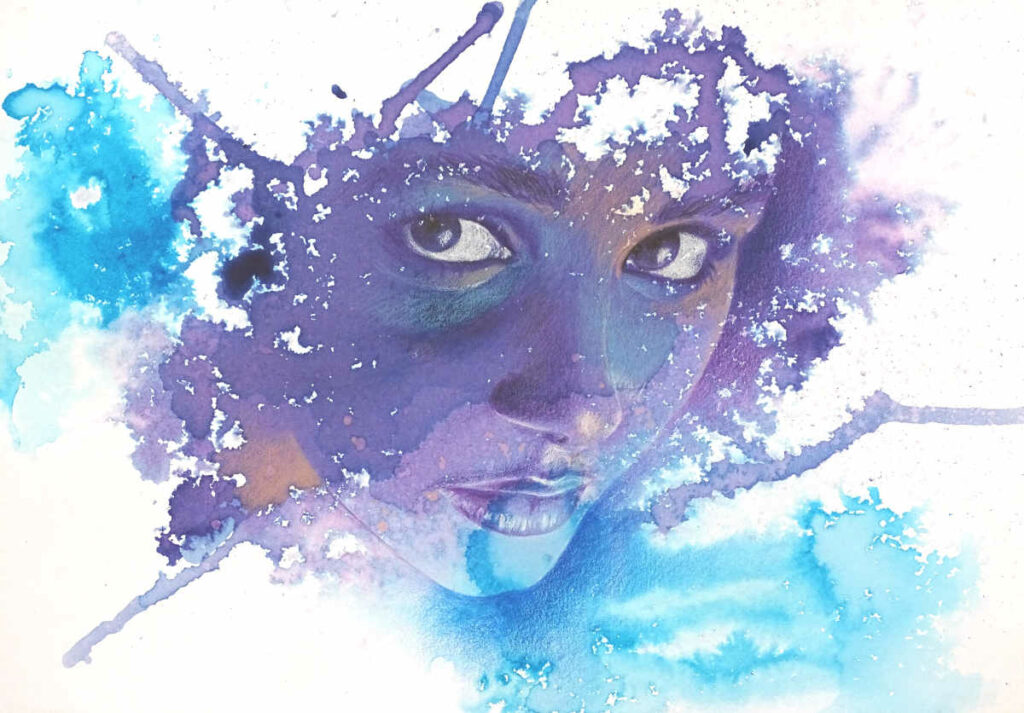 visage de femme encres et crayons de couleur nuances de bleu