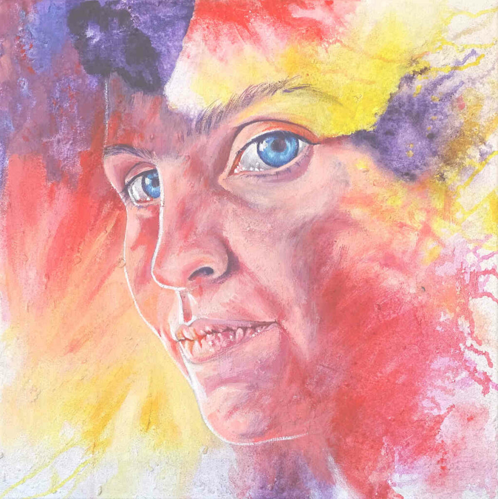 portrait de femme acryliques sur toile rouge jaune violet