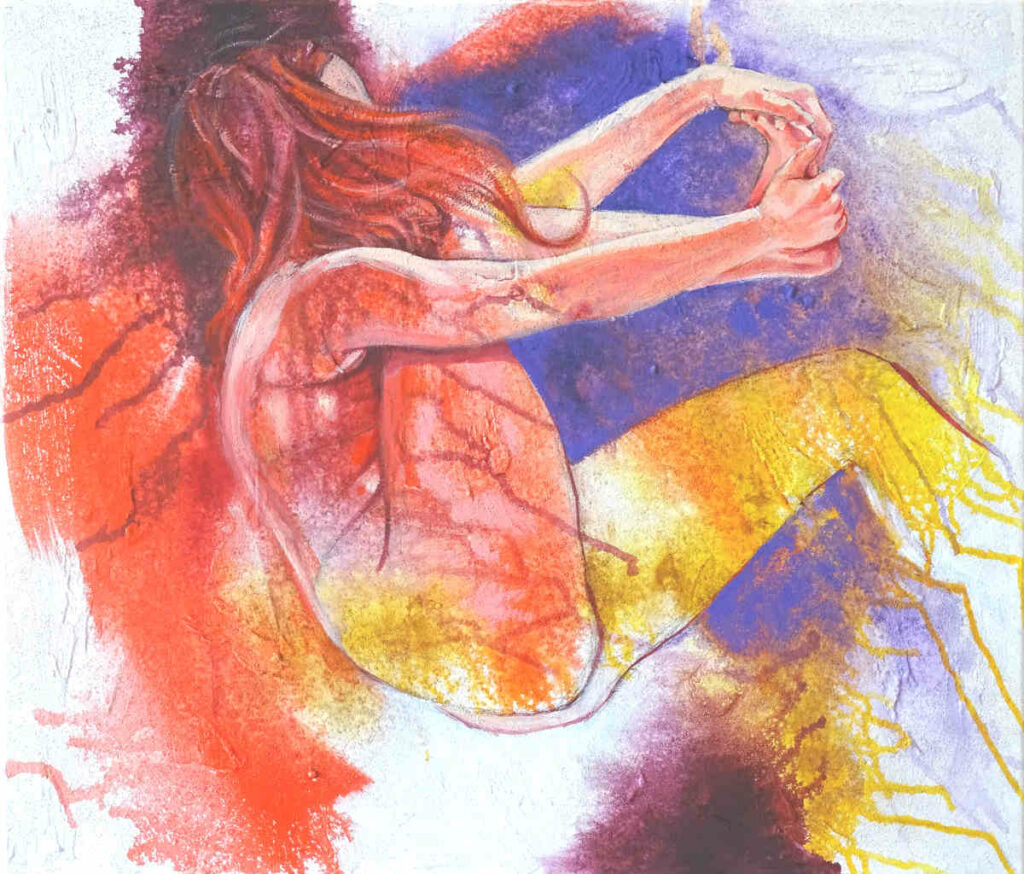 corpo nudo di ragazza acrilici su tela viola giallo rosso