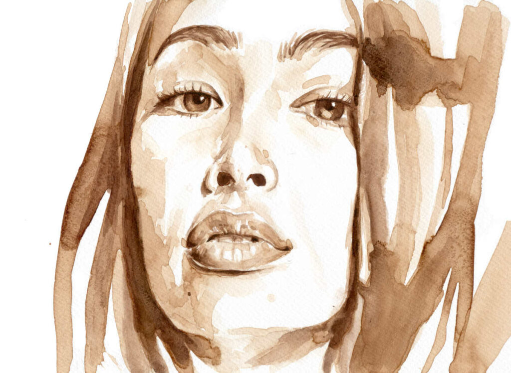 visage de femme peint avec du café et aquarelle