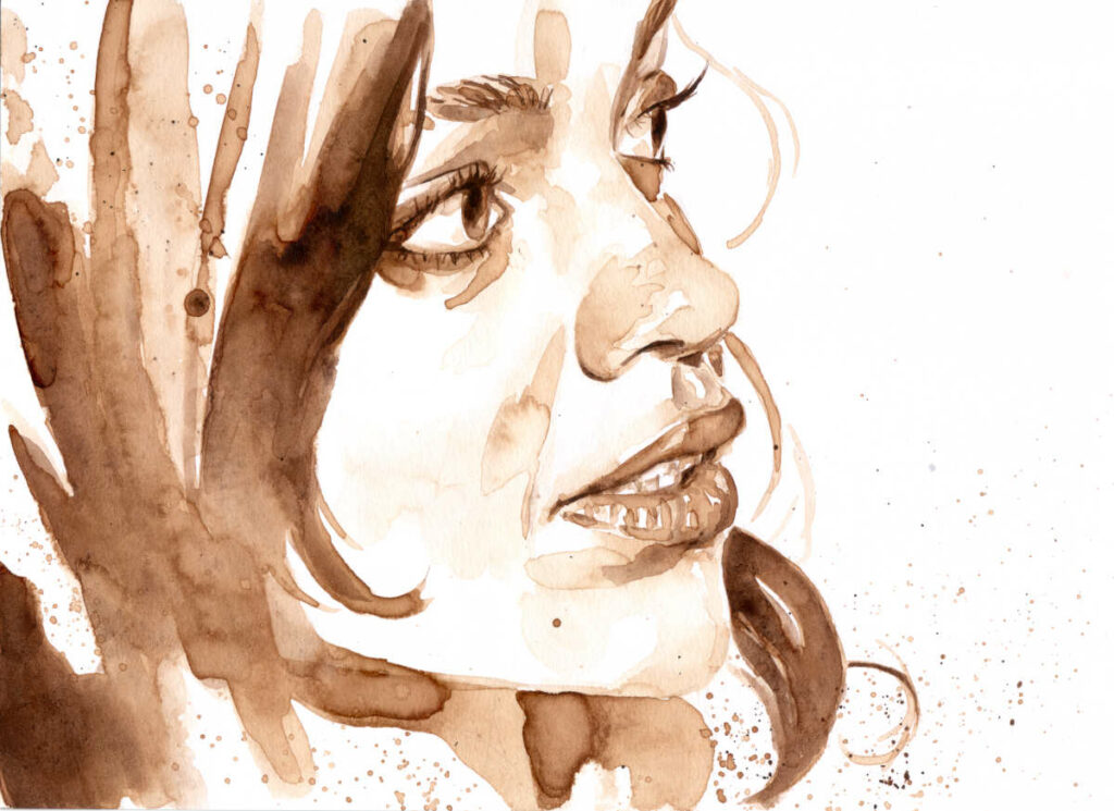 young woman portrait coffee painting and watercolors