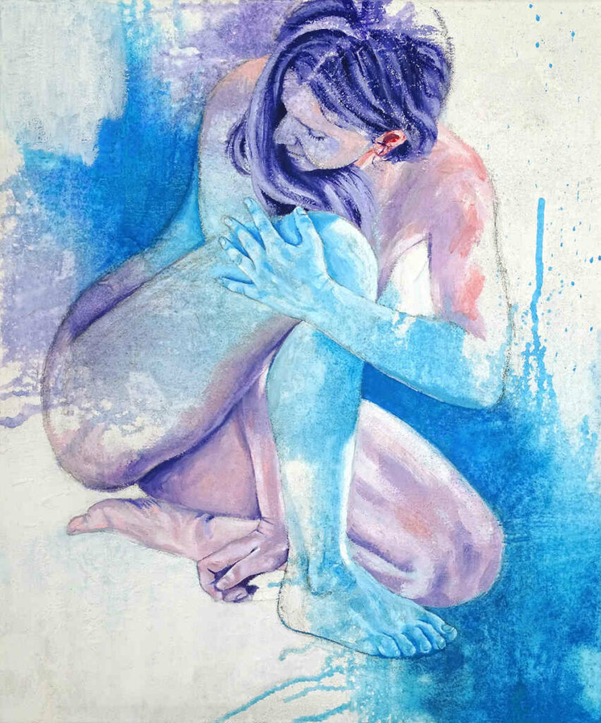 figure féminine assise acryliques sur toile bleu violet azur bleu clair