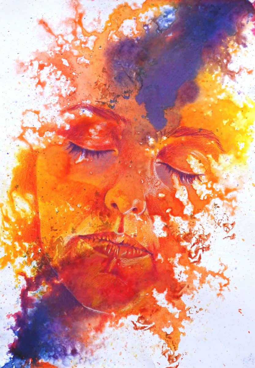 portrait de femme yeux fermés encres crayons de couleur violet rouge orange jaune