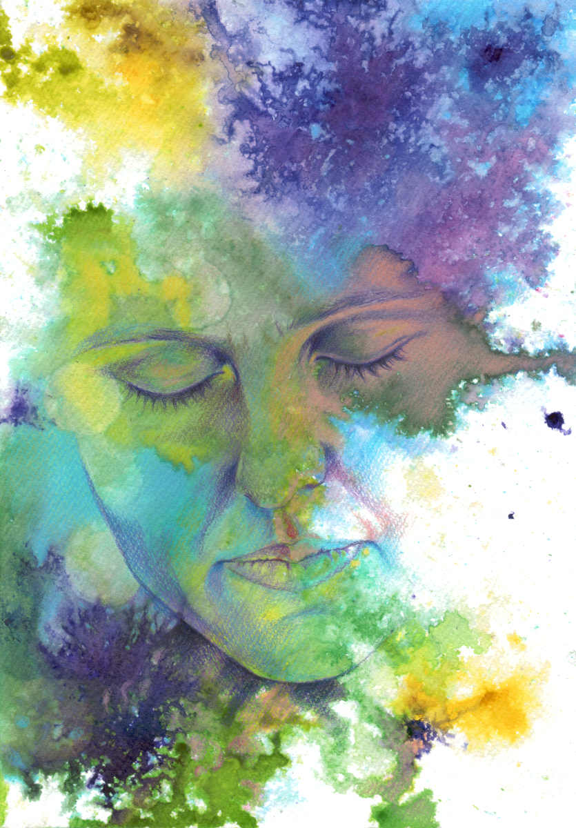 portrait jeune femme yeux fermés encres crayons de couleur violet vert bleu jaune