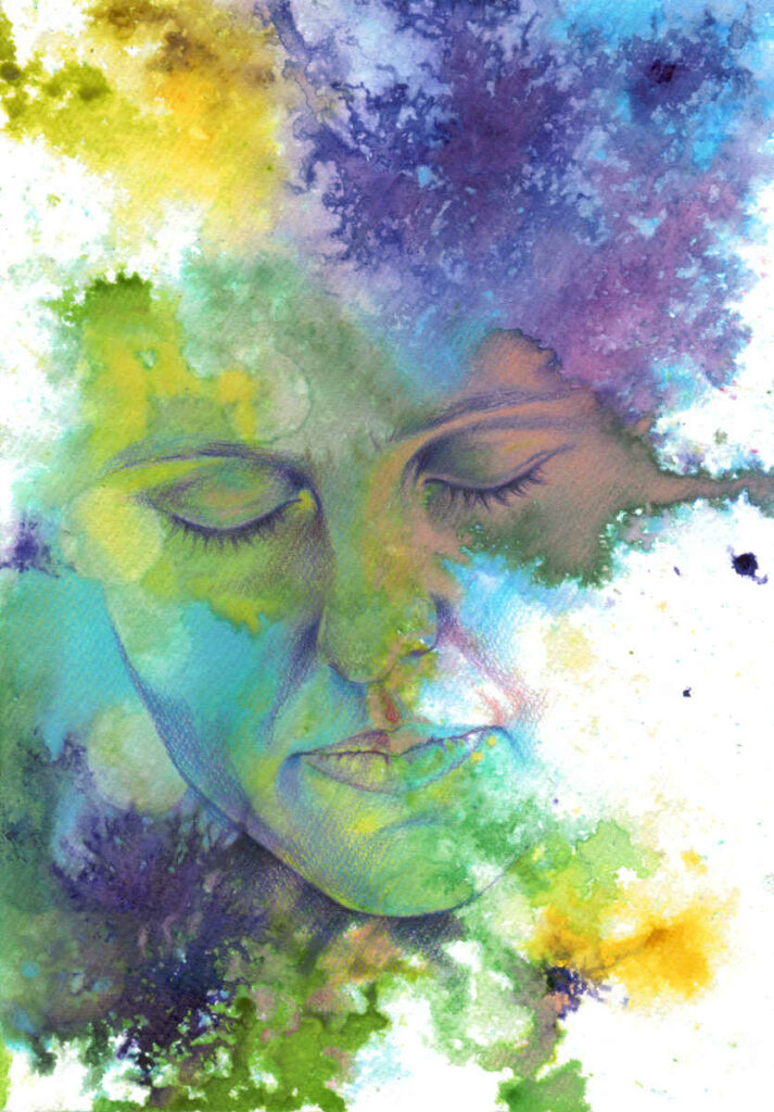 ritratto giovane donna occhi chiusi inchiostri matite colorate viola verde blu giallo