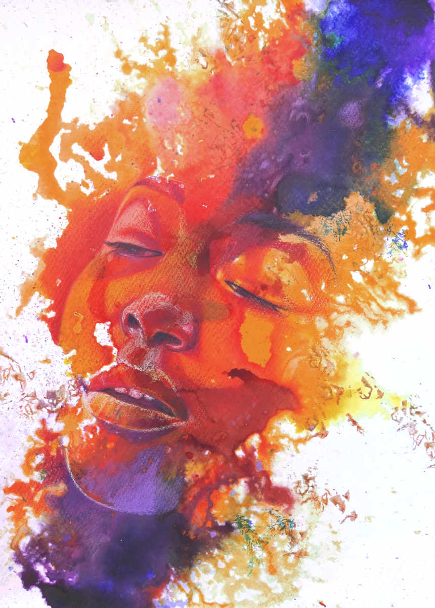 woman portrait fire flames inks coloured pencils violet red orange yellow