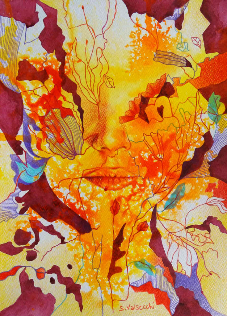 Life, foliage, flowers, young woman's face, nature, harmony, forest, yellow, orange, burgundy, purple, colour, inks, coloured pencils, watercolours, figurative art, semi-abstract art