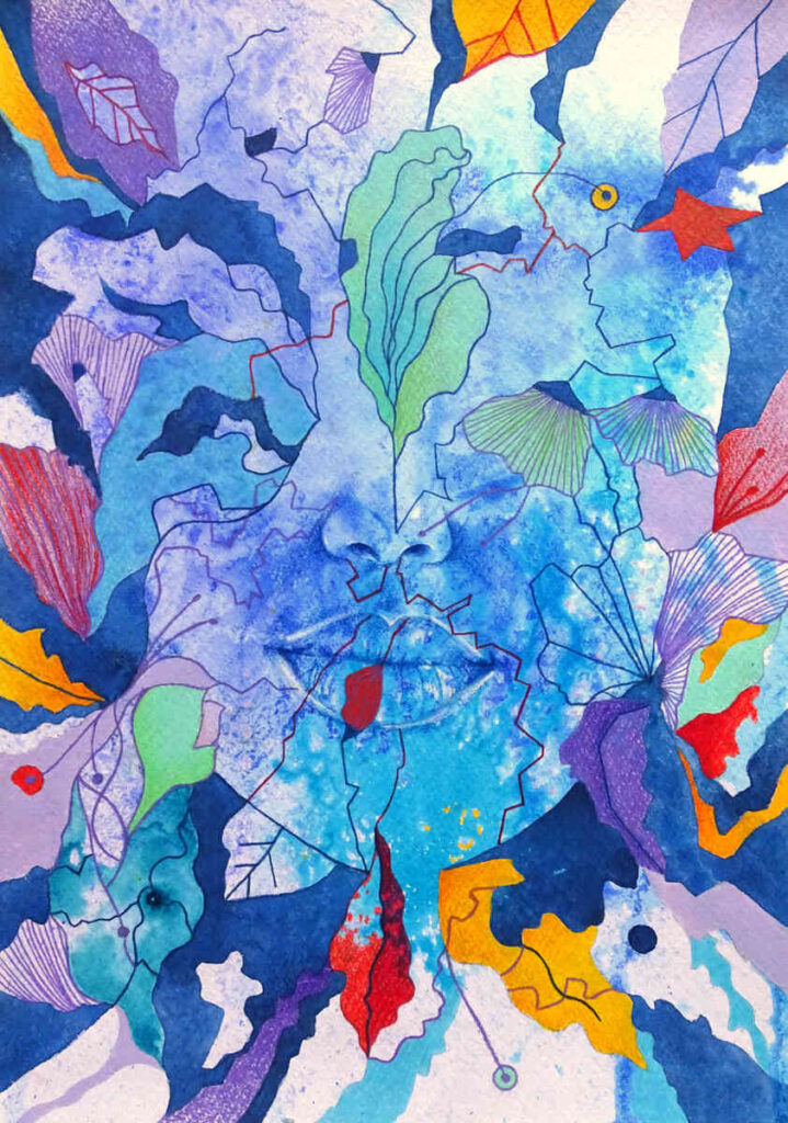 Girl face full of life, foliage, flowers, nature, harmony, forest, yellow, blue, pink, colour, inks, watercolours, coloured pencils, figurative art, semi-abstract art