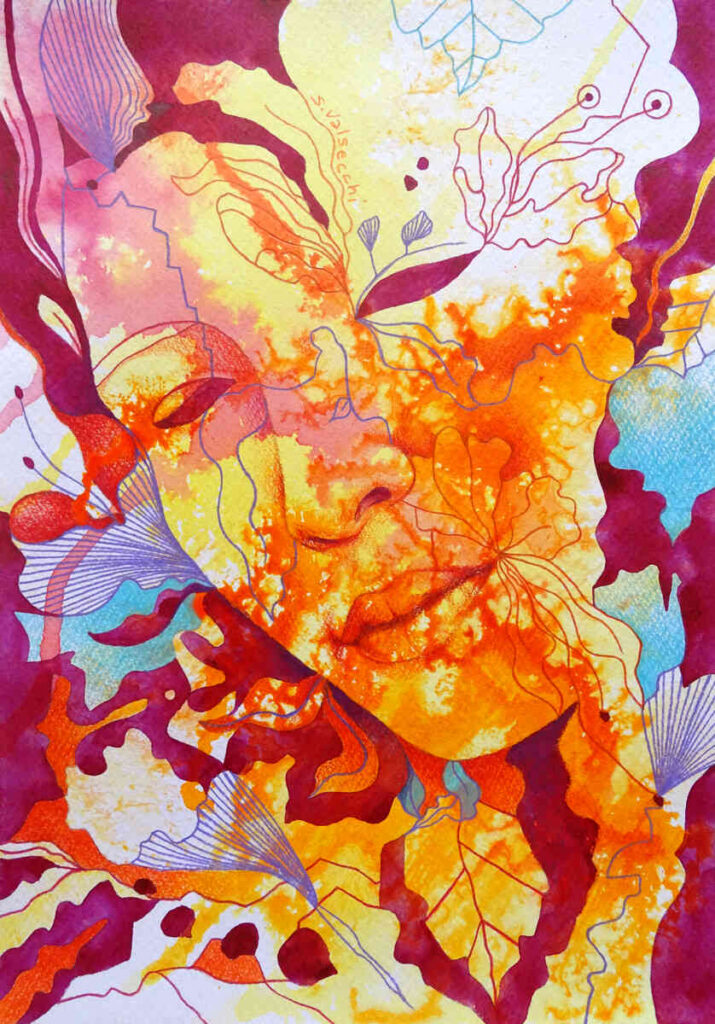 Portrait féminin semi-abstrait avec feuilles et fleurs entrelacées, nature, harmonie, jaune, orange, bordeaux, bleu clair, peinture colorée, dessin, encres, crayons de couleur