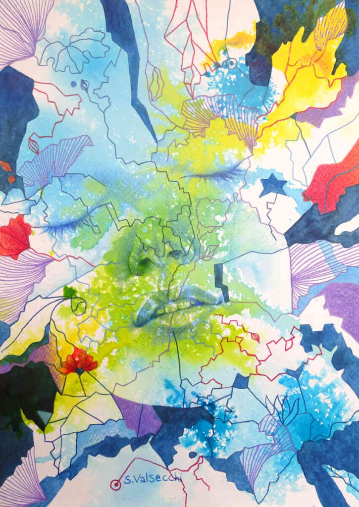 Peinture semi-abstraite d'un visage de jeune fille entouré par la nature, imbrication de feuilles et de fleurs, harmonie, jaune, bleu, violet, aquarelle, crayons de couleur