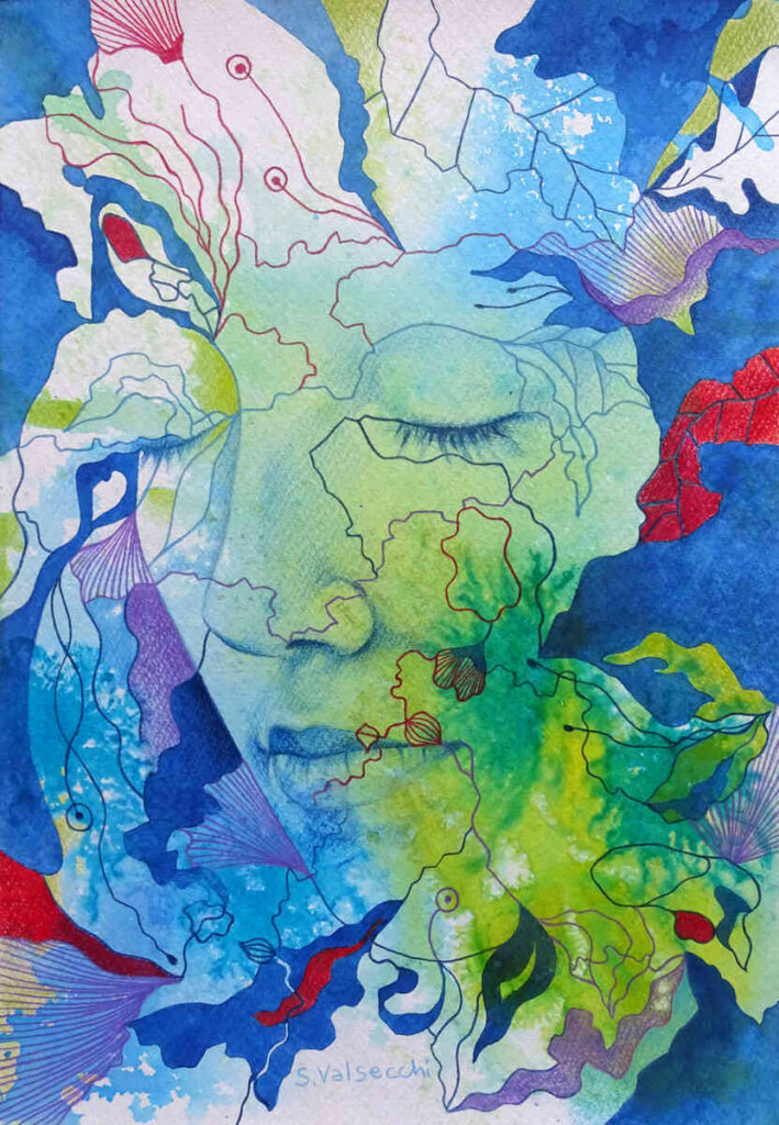 Tissage végétal, feuillage, fleurs, visage de femme, nature, jaune, bleu, vert clair, rouge, peinture de couleur, dessin, encres, crayons de couleur