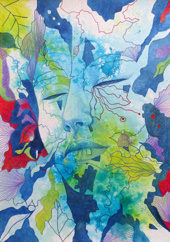 Visage féminin entouré par des fleurs rouges et des feuilles, nature, bleu, bleu clair, vert clair, violet, encres sur papier, aquarelles, crayons de couleur