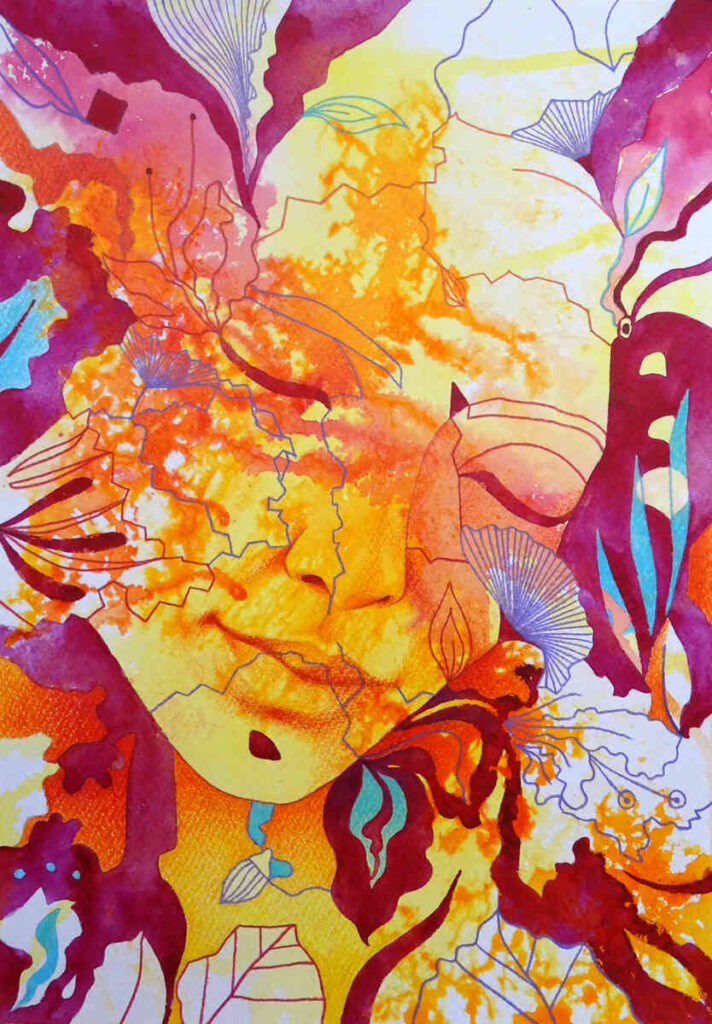 Viso femminile semi astratto con intreccio di foglie e fiori, natura, armonia, giallo, arancione, bordeaux, azzurro, dipinto con inchiostri, acquarelli e matite colorate