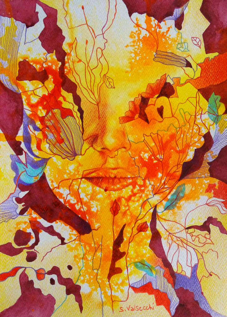 Vie, feuillage, fleurs, visage de jeune femme, nature, harmonie, forêt, jaune, orange, bordeaux, violet, couleur, encres, crayons de couleur, aquarelle, art figuratif, art semi-abstrait