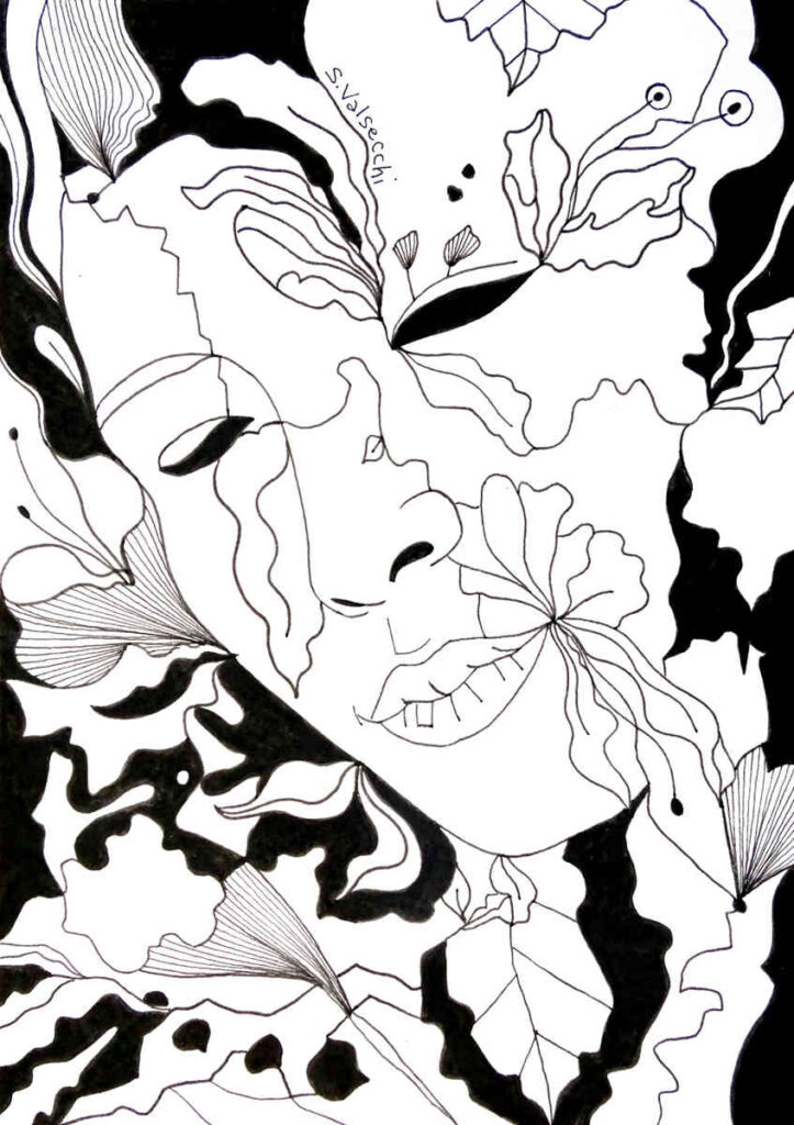 Portrait féminin semi-abstrait avec feuilles et fleurs entrelacées, nature, harmonie, dessin en blanc et noir, dessin, feutre