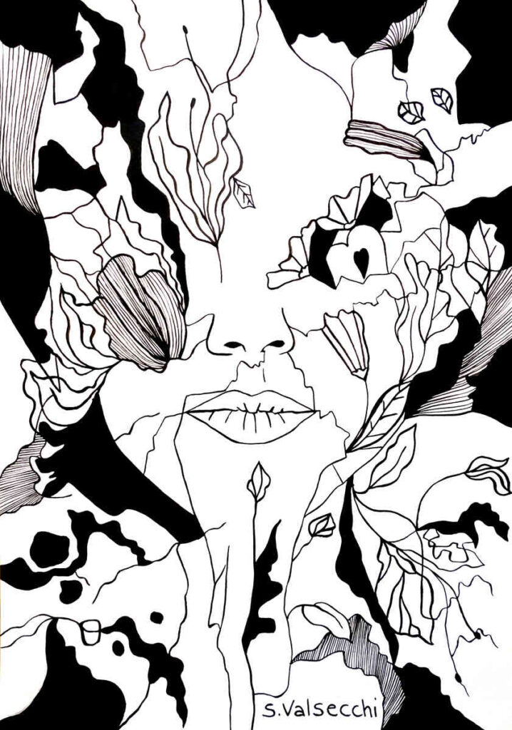 Vie, feuillage, fleurs, visage de jeune femme, nature, harmonie, forêt, encre noir, art figuratif, art semi-abstrait