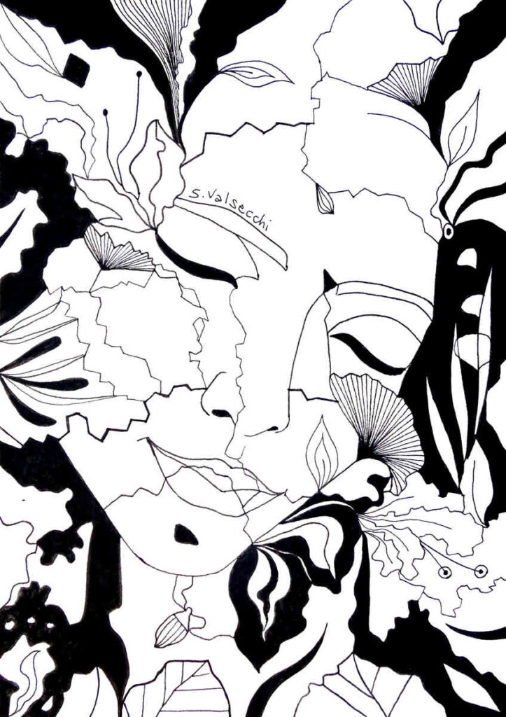 Viso femminile semi astratto con intreccio di foglie e fiori, natura, armonia, disegnato con pennarello nero