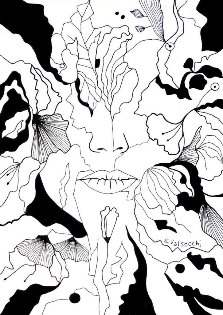 Dipinto semi astratto di volto di ragazza immersa nella natura, intreccio di foglie e fiori, pennarello nero
