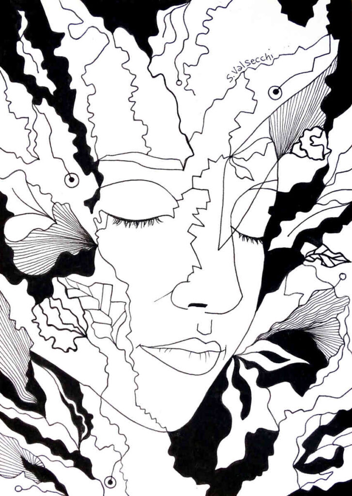 Vegetable weave, foliage, flowers, woman's face, nature, painting, drawing, black marker