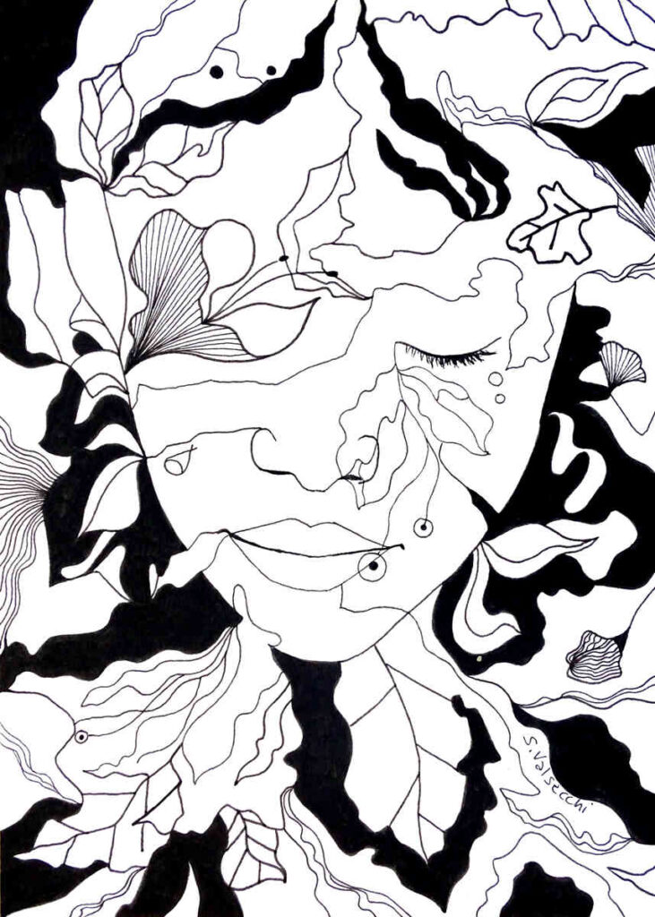 Flowers, leaves, nature, female face, undergrowth, forest, microcosm, pen artistic ink on paper, black, white
