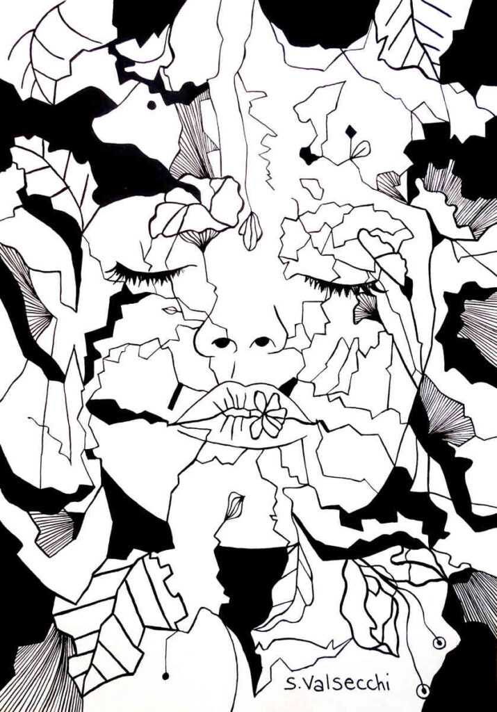 Flowers, daisy, leaves, nature, female face, mouth, undergrowth, microcosm, ink on paper, black, white